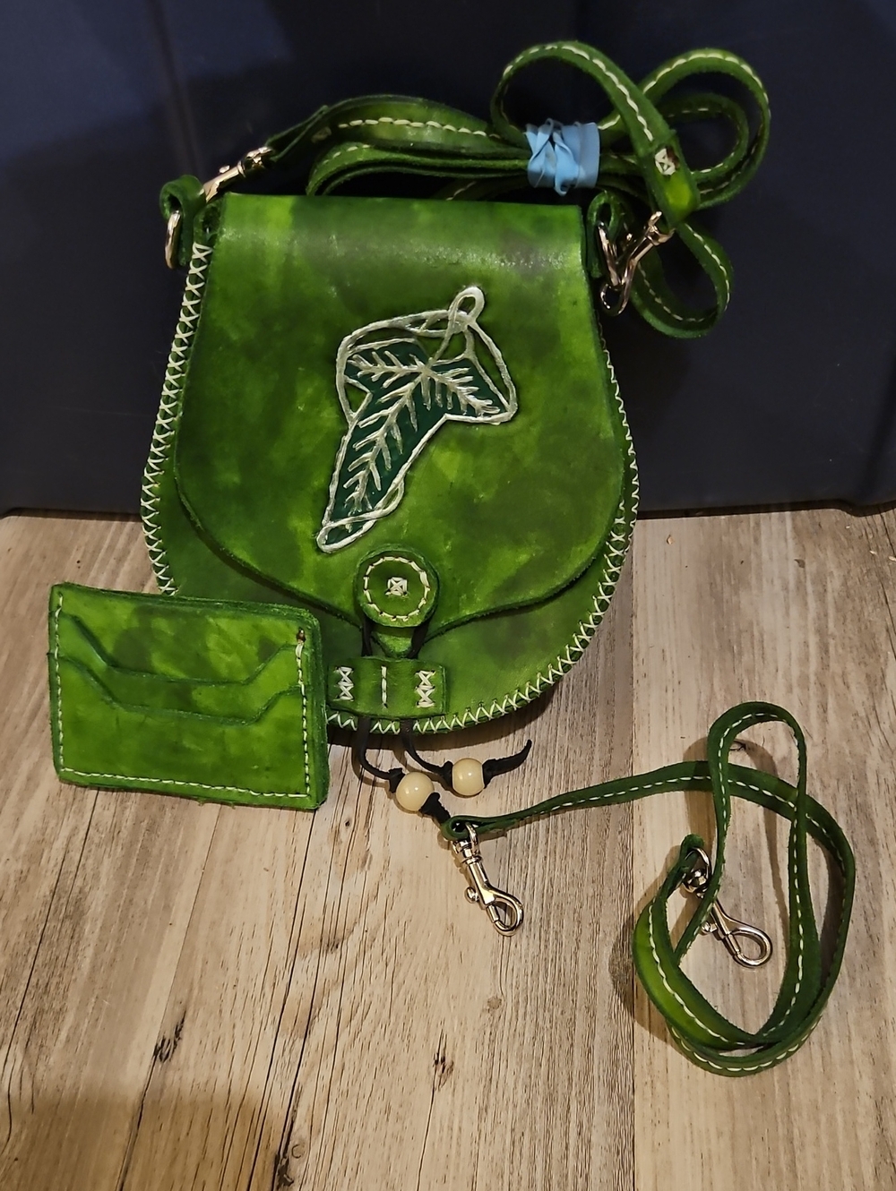 Green Leather Crossbody Bag with Leaf Embroidery
